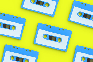 Fototapeta premium Rows of vintage audio cassettes tape of blue color on yellow background. Music storage. Retro cartridge. 3d render
