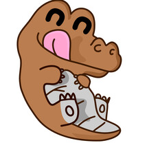 Brown cute crocodile rolling with pink tongue on white background