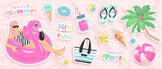 Vector summer set with pool floats, ice cream, palm tree, bag and seashell isolated on background