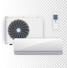 Vector set of air conditioner installation on transparent background.