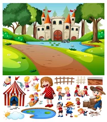Fotobehang Castle in the forest scene with isolated cartoon character and objects © blueringmedia