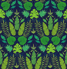 Seamless damask pattern with monstera, banana and liana leaves on dark blue background. Tropical wallpaper. Texture with jungle foliage. Vector fabric with rainforest