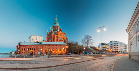 Helsinki, Finland. Uspenski Cathedral In Evening Illuminations Lights. Eastern Orthodox Cathedral Dedicated To Dormition Of The Theotokos - Virgin Mary