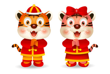 Fototapeta premium 2022 Chinese New Year, Cute cartoon tigers in Chinese costume greeting. Vector