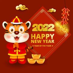 Fototapeta na wymiar 2022 Chinese New Year, Cute cartoon tiger in Chinese costume greeting. Vector