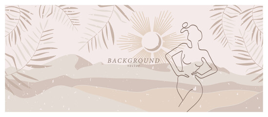 Abstract background art with nude woman in nature landscape. Background design in beige, ivory, champagne colors. Soft color painting decor. Minimalistic background design. Vector illustration.