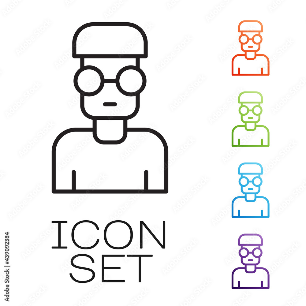 Poster black line nerd geek icon isolated on white background. set icons colorful. vector