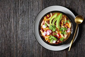 Mexican dish: tomato and tortilla soup, copy space