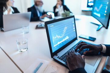 Business stock traders people in meeting room working on crypto currency markets with blockchain technology - Decentralized finance and stock exchange concept