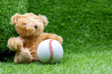 Teddy bear is holding baseball on green grass