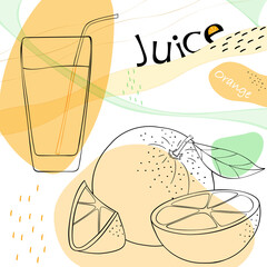 Background with oranges and a glass of juice in the style of line art on a white background. - 439093189