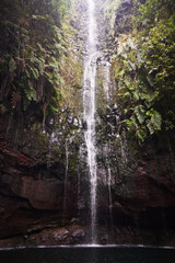 Beautiful waterfall Risco at Levada das 25 Fontes, Madeira island, Portugal.