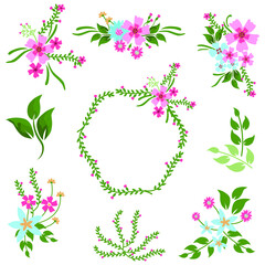 Set of Flower decoration elements. Flower and green leaves. Wedding concept - flowers. Floral poster, invite. Vector arrangements for greeting card or invitation design