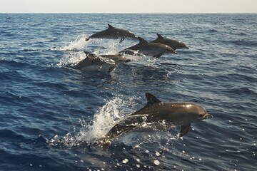 Beautiful jumping bottlenose dolphins spotted in sea near Madeira, Portugal. Atlantic ocean.