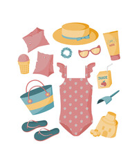 A set of items for a beach holiday for a little girl, baby. Summer items. Swimsuit, sunglasses, bag, juice, sunscreen, flip flops, ice cream, spatula, hat, swimming armbands, scrunchy, sand castle