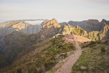 Footpath from Pico do Arieiro to Pico Ruivo mountain peak in Madeira island, Portugal. Beautiful morning landscape shot.