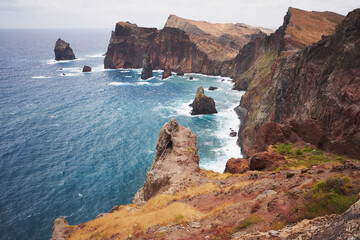 East Madeira coast landscape view with cliffs, rocks and sea. Ponta de S&atilde;o Louren&ccedil;o. Atlantic ocean. Favorite touristic destination.