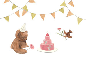 Watercolor illustration bunny girl birthday pink and brown