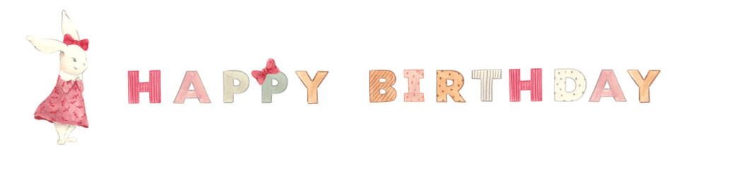 Watercolor illustration bunny girl birthday pink and brown