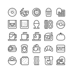 Breakfast icon set. Morning healthy food menu. Cereal, pancake, soft-boiled egg, bacon, hot chocolate, coffee, and more. Vector illustration, outline style, editable stroke, pixel perfect 48x48. 