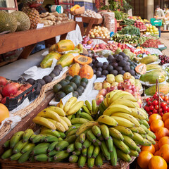 Stand with tropical fruit on the farmers market - bananas, avocados, papayas and oranges. Funchal,...