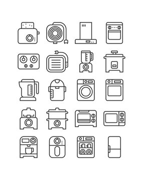 Kitchen electric appliance icon set. Air fryer, oven, grill, fruit blender, steamer pot, coffee maker, dishwasher, and more. Vector illustration, outline style, editable stroke, pixel perfect 64x64. 
