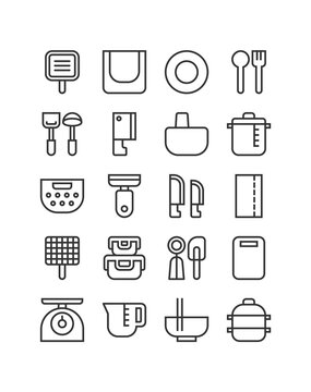 Kitchen equipment icon set. Utensil and cookware for cooking. Cast iron pan, steamer pot, ice cream scoop, knife, and more. Vector illustration, outline style, editable stroke, pixel perfect 48x48.  