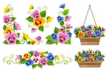 Decorations set with pansy. Colorful pansy with leaves in the wooden flower pot, standing and hanging. Cute vignette, ornament, corner decor. Vector illustration.
