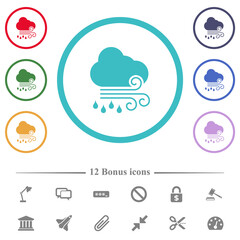 Windy and rainy weather flat color icons in circle shape outlines