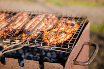 Juicy chicken meat and fish are fried on grill with smoke, outside in spring sunny weather