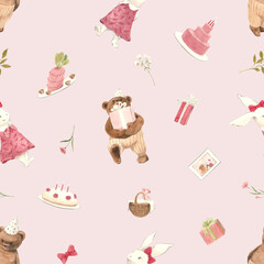 Watercolor illustration bunny girl birthday pink and brown
