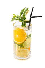 Lemonade with orange and lime on a white background. Isolated