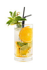 Lemonade with orange and lime on a white background. Isolated