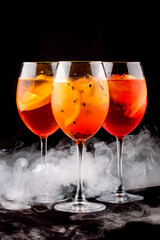 The original cocktail of fruit on dark background, surrounded by smoke. Aperol