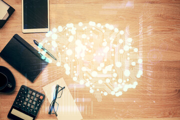 Double exposure of brain sketch and table top veiw. Concept of data analysis.