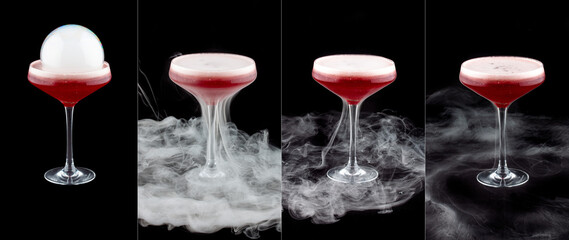 Smoke bubble strawberry cocktail on black background. Before and after bubble burst. Isolated