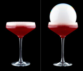 Smoke bubble strawberry cocktail on black background. Before and after. Isolated