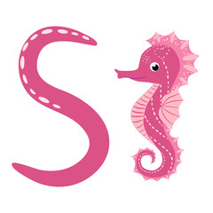 Sea horse. S letter. Cute children animal alphabet. Funny cartoon animals