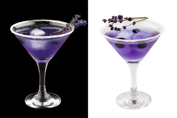 Cocktail with rum and lavender on a dark and white background. Isolated