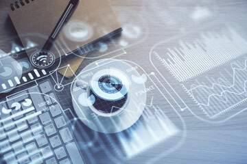 Double exposure of technology drawing and work table top veiw. Concept of hightech.