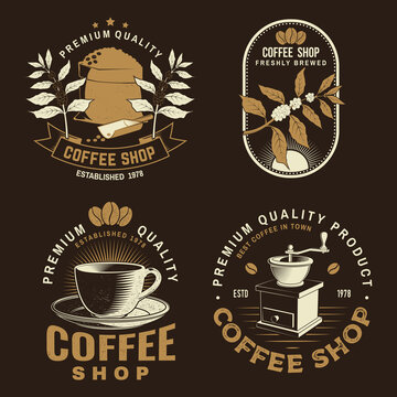 Set of Coffe shop logo, badge template. Vector . Typography design with coffee grinder silhouette. Template for menu for restaurant, cafe, bar, packaging
