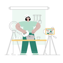 Video blogger male recording recipe, online school. Video marketing. Blog management, education and advertising, vlog on camera. Getting Money with Youtube. Vector illustration