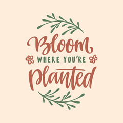 Bloom where you are planted hand drawn quote lettering. Floral motivational typography design. Perfect for t-shirt prints, posters. Vector vintage illustration.