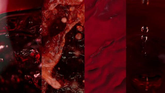 Super slow motion of splashing red wine in collection. Filmed on high speed cinema camera, 1000 fps