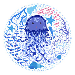 Naklejka premium Funny jellyfish hand-drawn among seashells, algae, fish. Cute marine life, Scandinavian style, detailed
