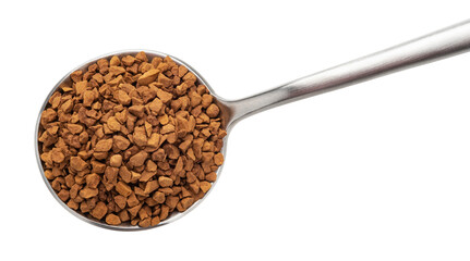 Instant coffee in spoon isolated, top view