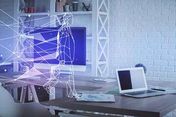 Multi exposure of creative theme drawings and office interior background.