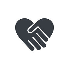 Handshake black silhouette icon. Heart shape. Love and charity pictogram. Arms together. Lovely teamwork. Vector illustration isolated on white background