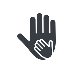 Adult and child hand black icon. Vector isolated on white. Parent and baby arms silhouette. World Father Day. Charity symbol. 