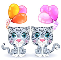 Cartoon snow leopard with expressive eyes among flowers, hearts, decorative elements. Wild animals, character, childish cute style.